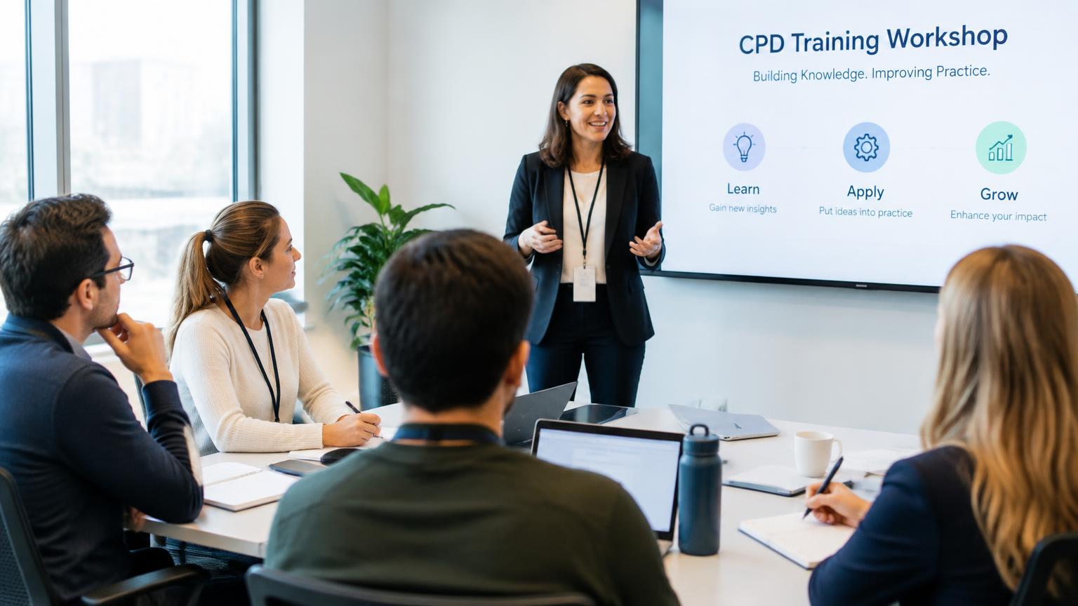 Professionals attending a CPD training workshop led by a trainer in a modern office