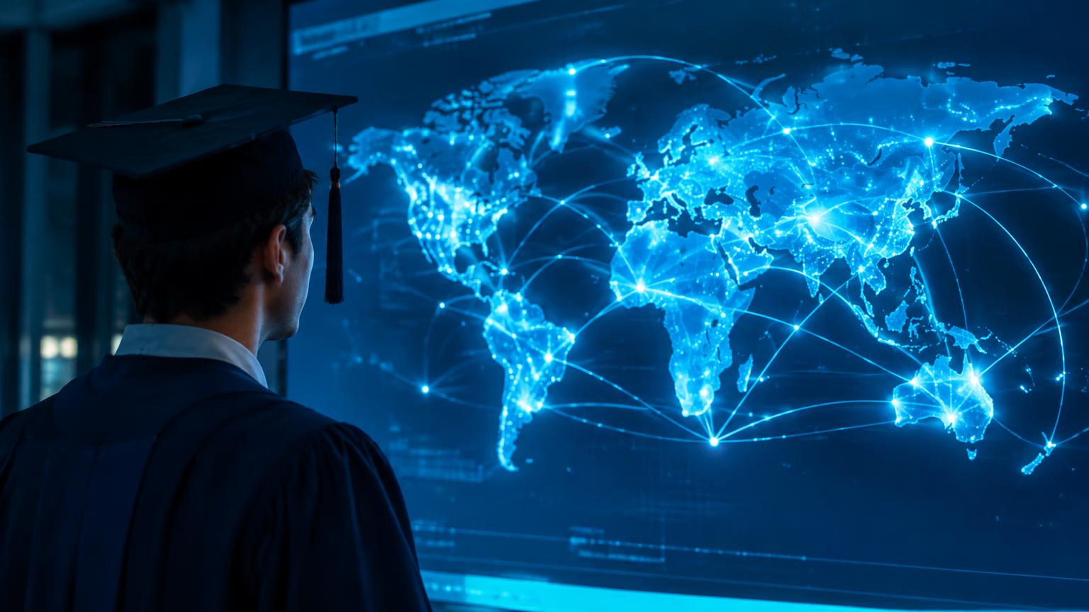 Graduate in cap and gown looking at a glowing world map of global online learning connections