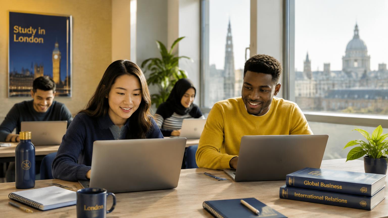 International students studying online on laptops at Quins College with a view of London