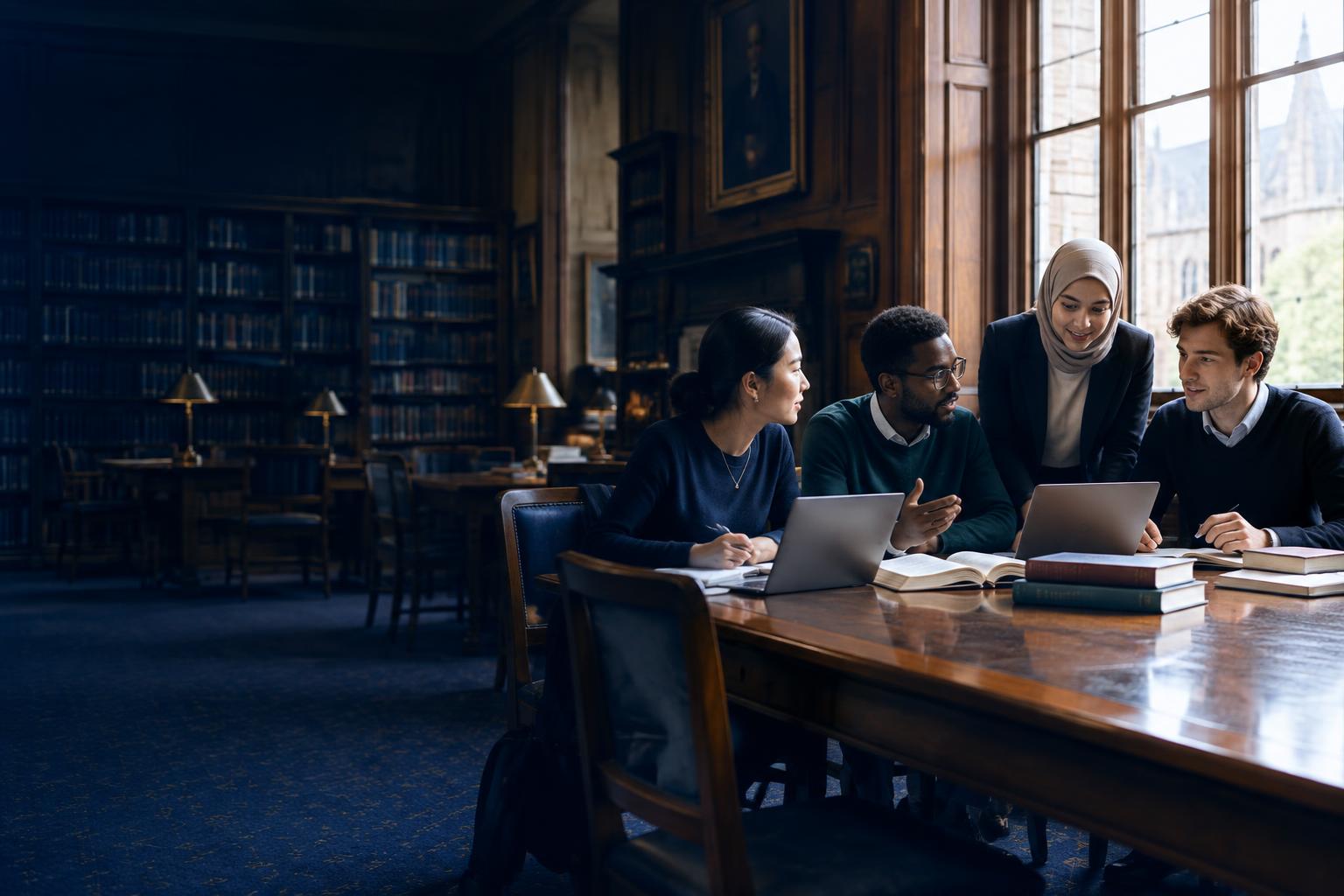 Postgraduate students collaborating in a British university library