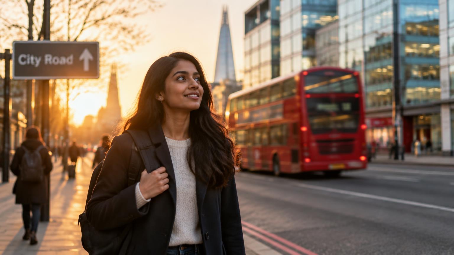 International student with a backpack on City Road, London, near the Quins College UK address
