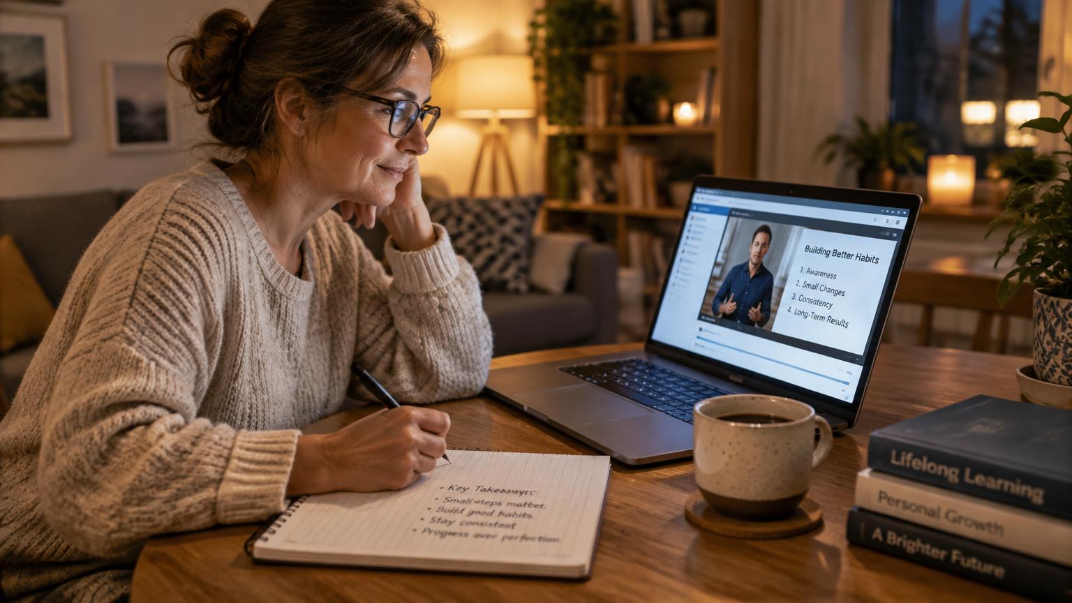 Adult learner taking notes during a self-paced online course at home in the evening